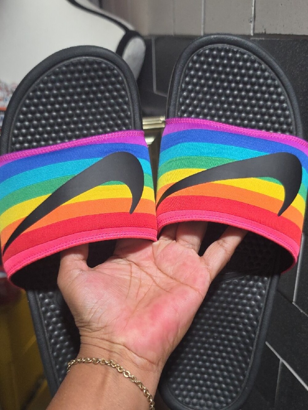 Nike Women's Men's Rainbow Stripe Black Slide Sandals - Picture 9 of 10